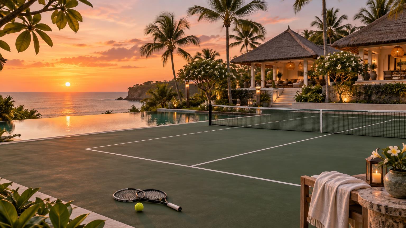 Sunset over a beachfront tennis court beside a tropical resort pool