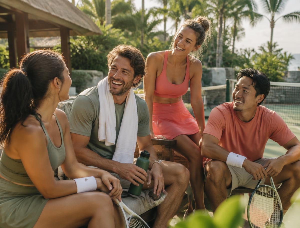 Friends connecting on a private tennis retreat